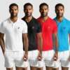 A man is wearing a polo shirt that comes in four colors: white, black, red, and blue. He is paired with white shorts, and the shirts are advertised as 'super quality.' Standing with his hands at his sides, he highlights the various color options for the polo shirts. This combo offer is available for just 599.