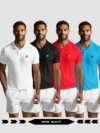 A man is wearing a polo shirt that comes in four colors: white, black, red, and blue. He is paired with white shorts, and the shirts are advertised as 'super quality.' Standing with his hands at his sides, he highlights the various color options for the polo shirts. This combo offer is available for just 599.