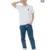 A man wearing a classic white polo shirt and jeans, showcasing a casual yet stylish look.