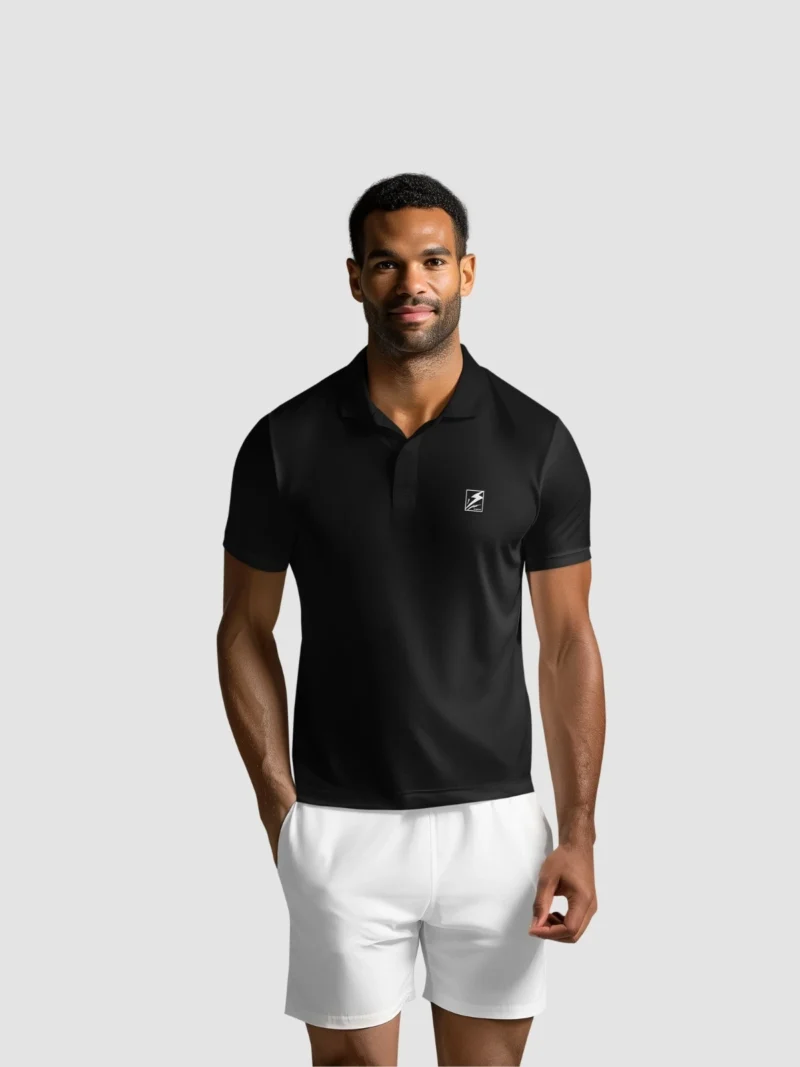 A man is wearing a polo shirt that comes in four colors: white, black, red, and blue. He is paired with white shorts, and the shirts are advertised as 'super quality.' Standing with his hands at his sides, he highlights the various color options for the polo shirts. This combo offer is available for just 599.