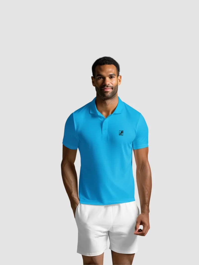 A man is wearing a polo shirt that comes in four colors: white, black, red, and blue. He is paired with white shorts, and the shirts are advertised as 'super quality.' Standing with his hands at his sides, he highlights the various color options for the polo shirts. This combo offer is available for just 599.