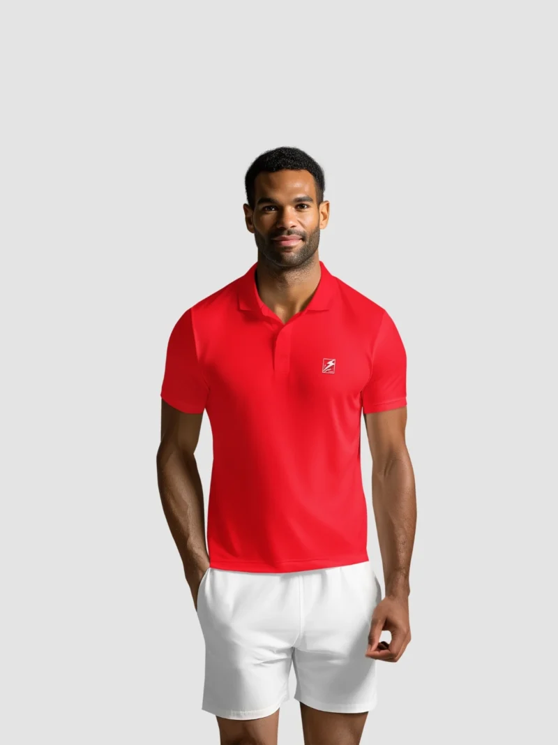 A man is wearing a polo shirt that comes in four colors: white, black, red, and blue. He is paired with white shorts, and the shirts are advertised as 'super quality.' Standing with his hands at his sides, he highlights the various color options for the polo shirts. This combo offer is available for just 599.