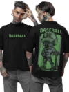 Oversized black t-shirt featuring a striking baseball zombie graphic on both the front and back