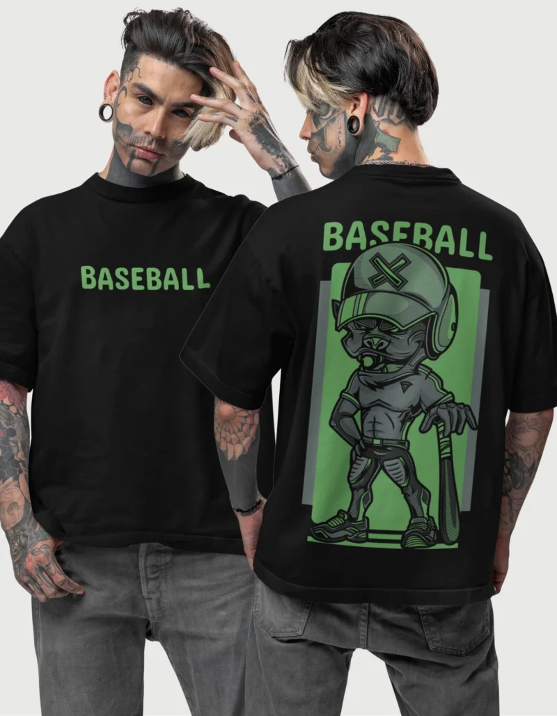 Two male models wearing baseball oversized t-shirt showing front minimalist text design and back detailed graphic illustration, paired with distressed gray denim and casual sneakers for complete street style look