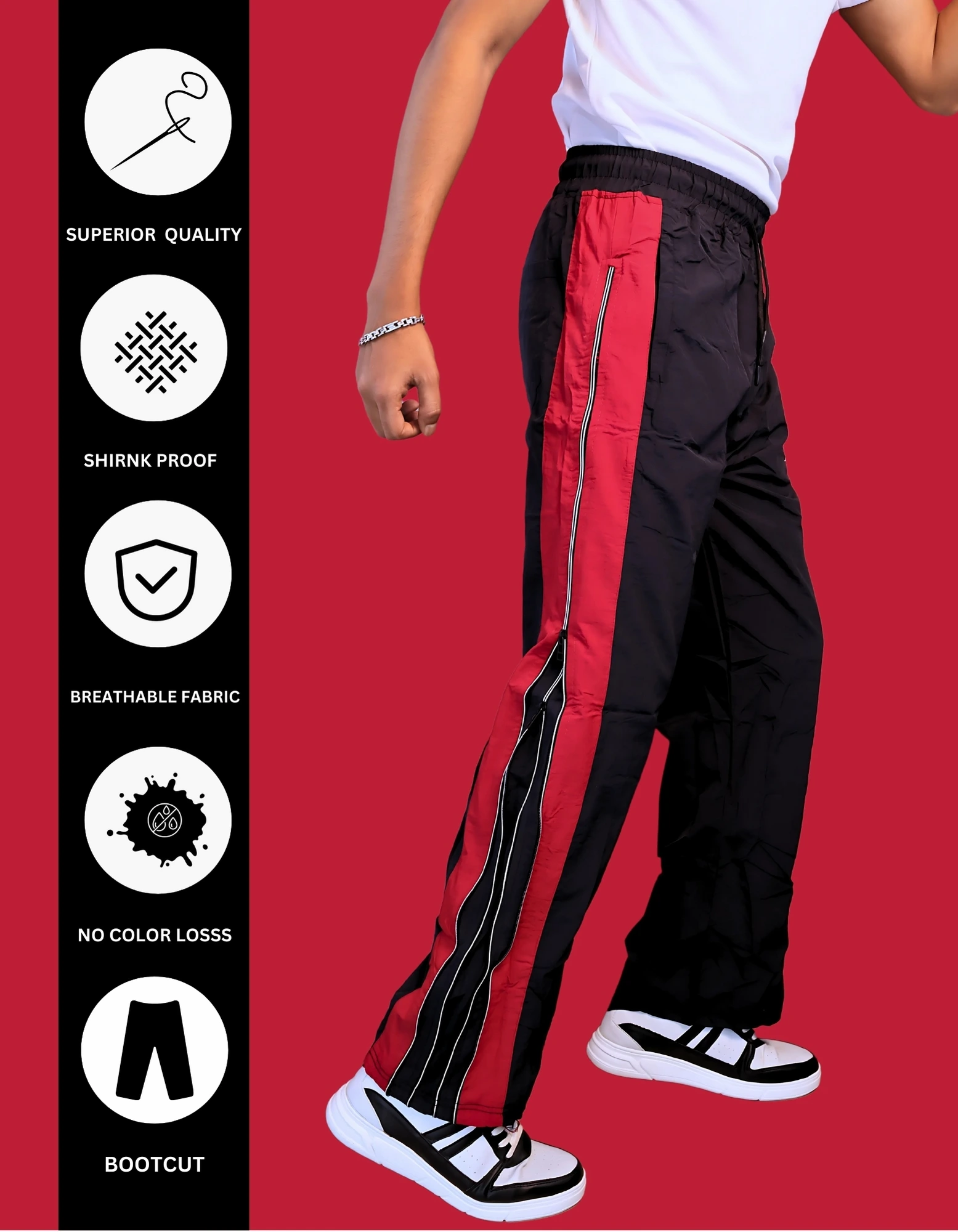 Men's Red Striped Track Pants with Zipper Pockets & Chain - Image 2