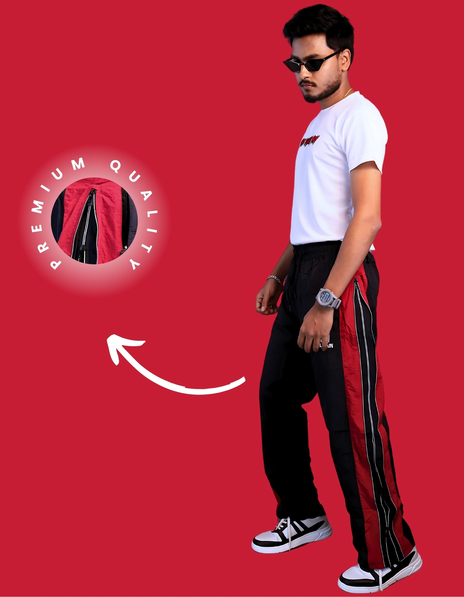 Men's Red Striped Track Pants with Zipper Pockets & Chain - Image 3