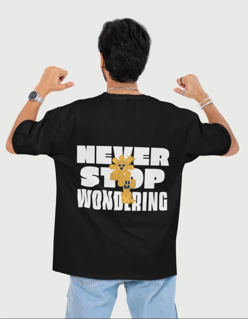 Never Stop Wondering Graphic Back Print Black Tee