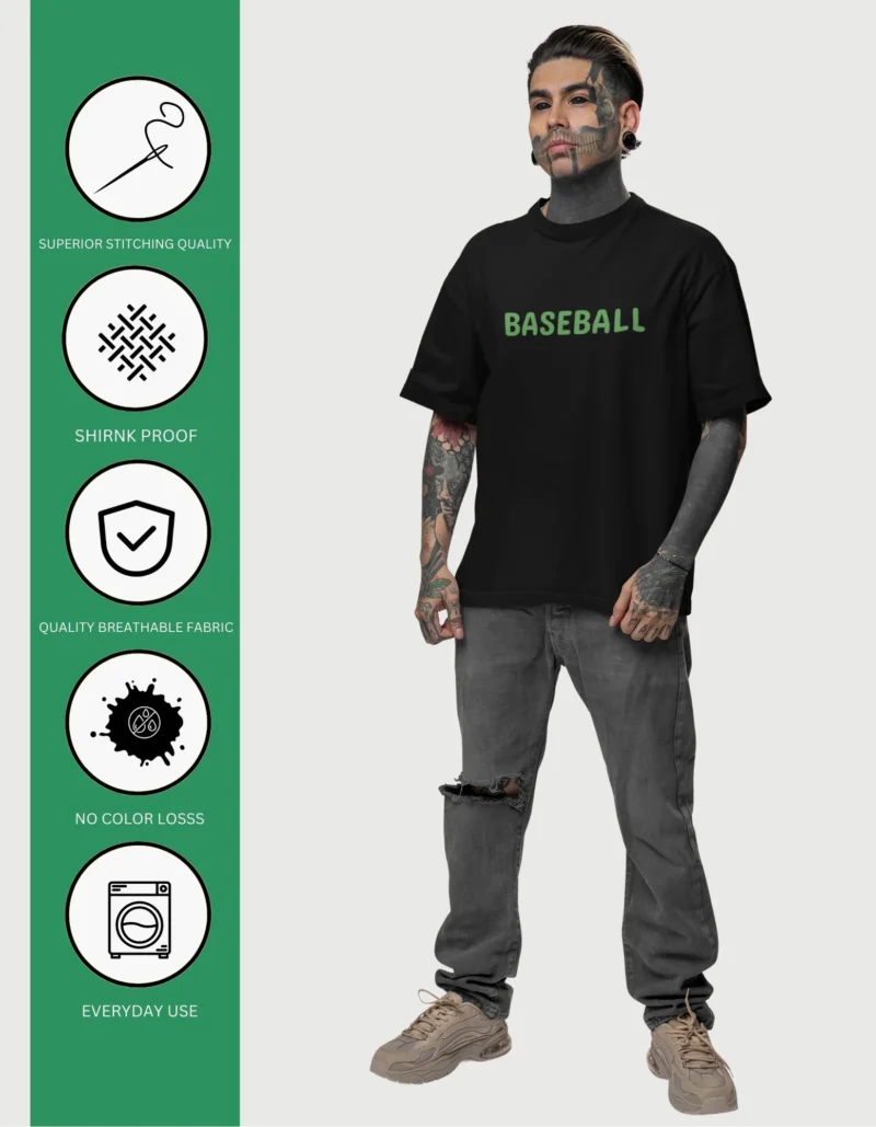 Front view of baseball oversized t-shirt with minimalist green "BASEBALL" text on premium black fabric, centered on chest, clean crew neck and oversized fit silhouette
