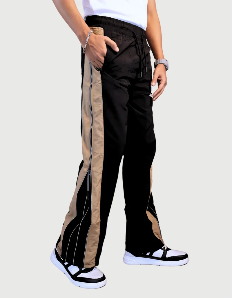 Men's Streetwear Track Pants - Black & Tan Color Block with Zipper Hem & Flared Detail