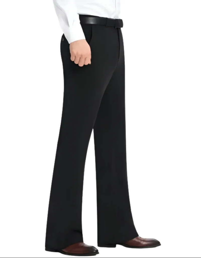 Men’s black bootcut formal trousers front view with high-rise fit and flared hem