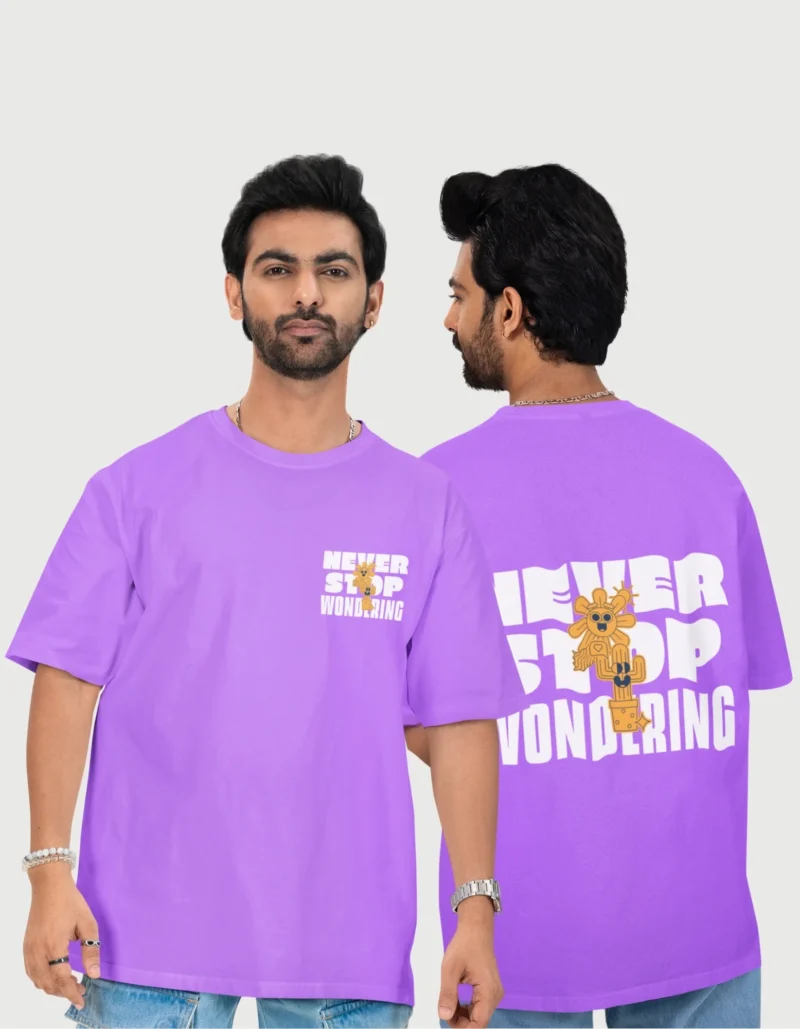 Premium oversized lavender t-shirt displayed on wooden hanger showing complete design and fabric quality